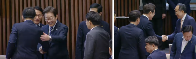 권성동 팔 '툭' 치고, 윤상현·나경원과 이야기.. 이재명 대통령의 첫 국회연설
