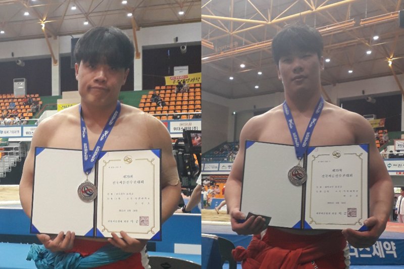 [대전=페가수스 토토] 왼쪽부터 목원대 씨름부 조성오 와 반승훈. (사진=목원대 제공) *재판매 및 DB 금지