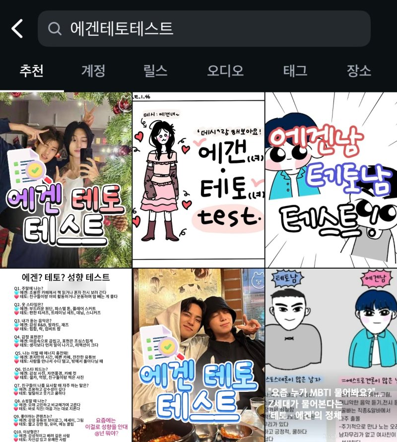 인스타그램의 '에겐 테토 테스트' 관련 게시물. 인스타그램 캡처
