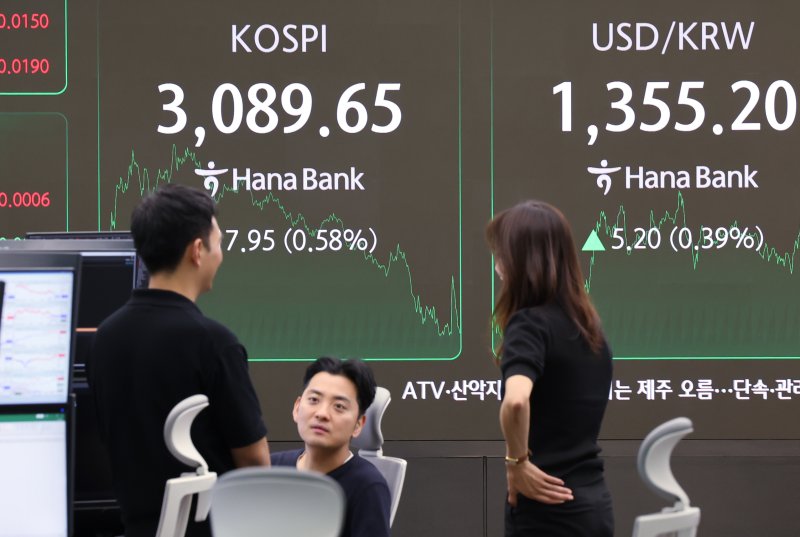 1일 오후 서울 중구 하나은행 딜링룸에 코스피 종가가 표시 되고 있다. 이날 코스피는 장중 2% 가까이 오르며 연고점을 갱신했으나 0.58% 상승한 3089.65로, 코스닥은 0.28% 상승한 783.67에 마쳤다. 2025.7.1/뉴스1 ⓒ News1 장수영 기자