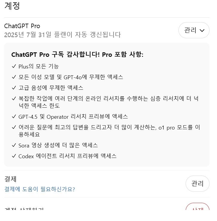 결제 취소 이후에도 구독 활성화 상태인 챗GPT 프로 구독자 개인 페이지 갈무리. 챗GPT 프로 플랜 자동 갱신일로는 7월 31일이 표기돼 있다.