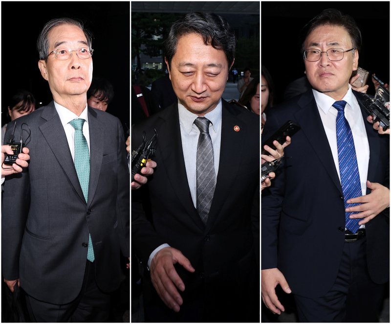 한덕수 전 국무총리(왼쪽부터), 안덕근 산업통상자원부 장관, 유상임 과학기술정보통신부 장관이 2일 서울 서초구 서울고등검찰청에 마련된 내란특검 사무실에서 조사를 받은 후 귀가하고 있다. 2025.7.3/뉴스1 ⓒ News1 김성진 기자