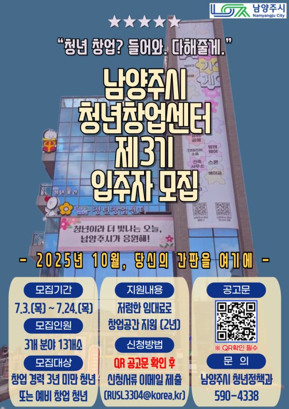 남양주 제3기 청년창업센터 입주자 모집 포스터. 남양주시 제공
