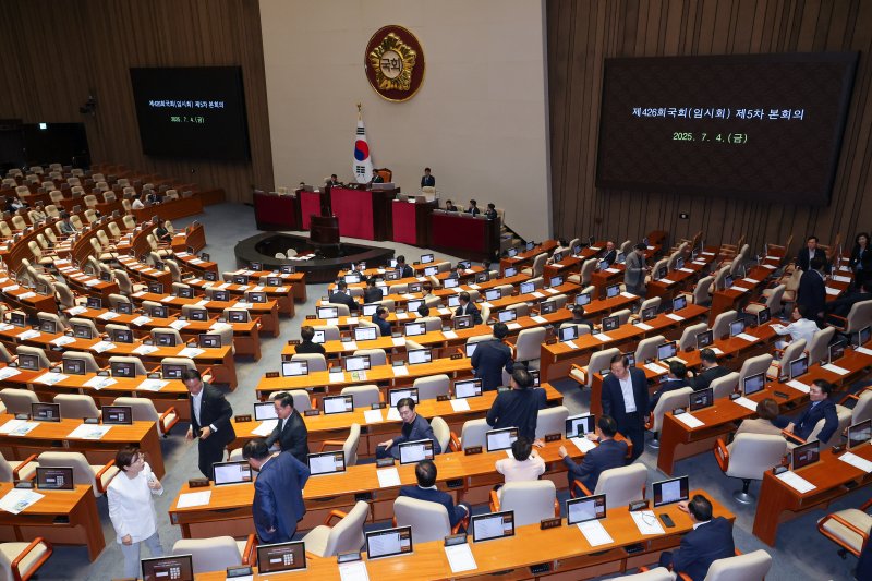 송언석 국민의힘 비상대책위원장 겸 원내대표를 비롯한 의원들이 4일 오후 서울 여의도 국회에서 제426회 국회(임시회) 제5차 본회의 개의 지연에 항의하며 퇴장하고 있다. 2025.7.4/뉴스1 ⓒ News1 안은나 기자