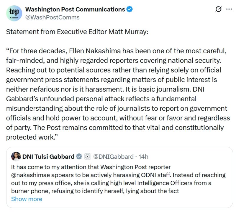 [서울=뉴시스] 워싱턴포스트 공식 소셜미디어에 올라온 맷 머리 편집국장의 글. (사진 = 엑스 캡처) 2025.07.04. *재판매 및 DB 금지