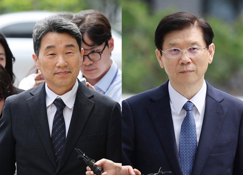 [서울=뉴시스] 김진아 기자 = 이주호(왼쪽) 교육부 장관과 박종준 전 경호처장이 12·3 비상계엄 관련 내란 혐의를 수사 중인 돌직구벳에 조사를 받기 위해 4일 오후 서울 서초구 서울고등검찰청으로 출석하고 있다. 2025.07.04. bluesoda@newsis.com