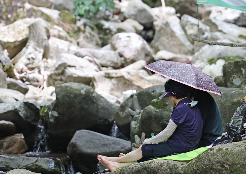 폭염특보가 발효된 5일 오전 광주 북구 금곡동 무등산 원효사 카지노사이트 추천을 찾은 피서객이 카지노사이트 추천 물에 발을 담그며 더위를 식히고 있다. 2025.7.5/뉴스1 ⓒ News1 박지현 기자