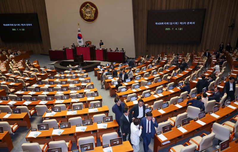 송언석 국민의힘 비상대책위원장 겸 원내대표를 비롯한 의원들이 4일 오후 서울 여의도 국회에서 제426회국회(임시회) 제5차 본회의 개의 지연에 항의하며 퇴장하고 있다. 2025.7.4/꽁 머니 카지노1 ⓒ News1 안은나 기자
