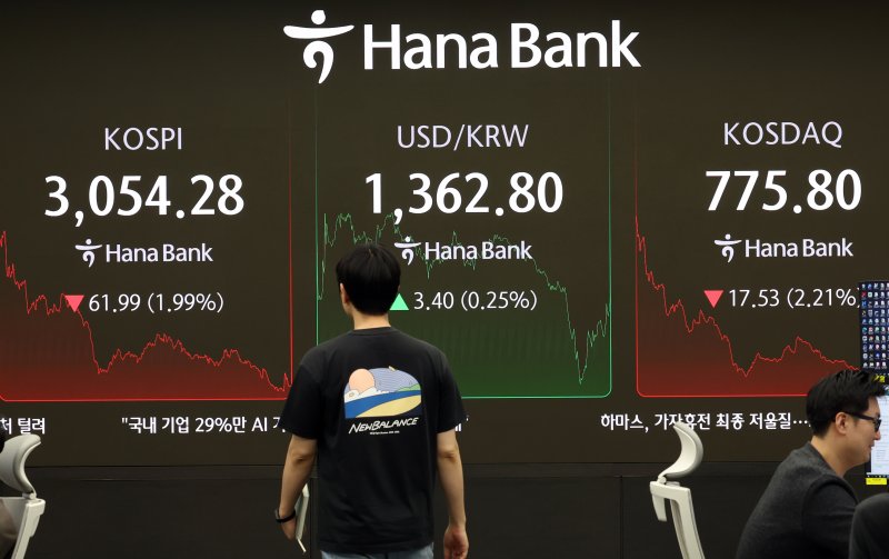 4일 오후 서울 중구 하나은행 딜링룸에 증시 종가가 표시되고 있다. 2025.7.4/뉴스1 ⓒ News1 김명섭 기자