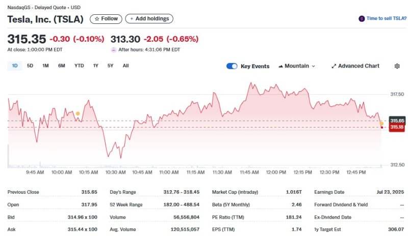 테슬라 일일 주가추이 - 야후 파이낸스 갈무리