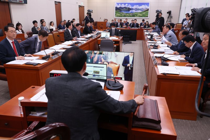 27일 오전 서울 여의도 국회에서 열린 외교통일위원회 전체회의에서 김석기 위원장이 의사봉을 두드리고 있다. 2025.6.27/뉴스1 ⓒ News1 이광호 기자