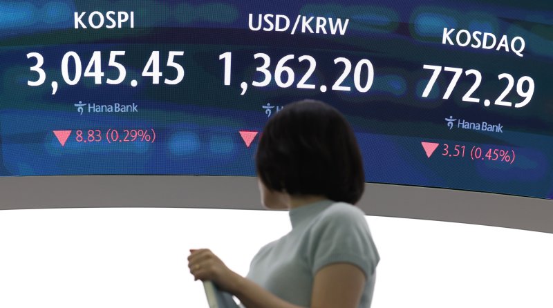 [서울=뉴시스] 조성우 기자 = 7일 오전 서울 중구 하나은행 딜링룸에서 딜러가 업무를 보고 있다.코스피는 전 거래일(3054.28)보다 9.50포인트(0.31%) 내린 3044.78에 개장했다. 스닥 지수는 전 거래일(775.80)보다 1.61포인트(0.21%) 하락한 774.19에 거래를 시작했다. 원·달러 환율은 전 거래일 주간거래 종가(1362.3원)보다 0.4원 오른 1362.7원에 출발했다. 2025.07.07. xconfind@newsis.com