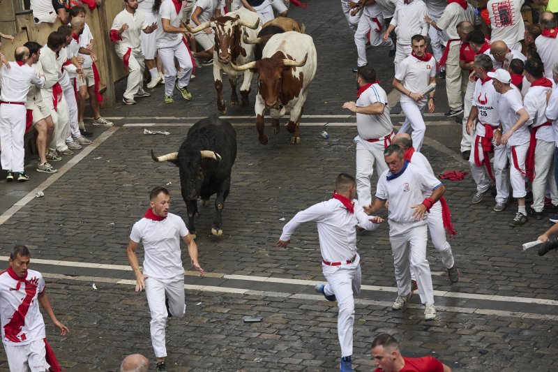 [팜플로나=AP/뉴시스] 7일(현지 시간) 스페인 팜플로나에서 열린 연례 산 페르민 축제 중 황소와 달리기(엔시에로) 참가자들이 골목길을 달리고 있다. 2025.07.07.