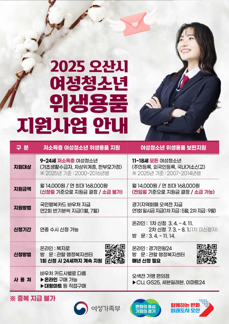 오산시, 여성청소년 위생용품 구입비 '2차 지원 신청' 시작