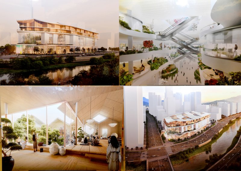 [광주=뉴시스] 류형근 기자 = 22일 오전 광주 서구 광주시청 비즈니스룸에서 전방·일신방직터에 조성되는 '더현대광주' 건축 디자인이 공개되고 있다. '더현대광주'는 건축계의 노벨상 격인 프리츠커상을 수상한 건축가 헤르조그&드 뫼롱이 설계한다. 2024.05.22. photo@newsis.com