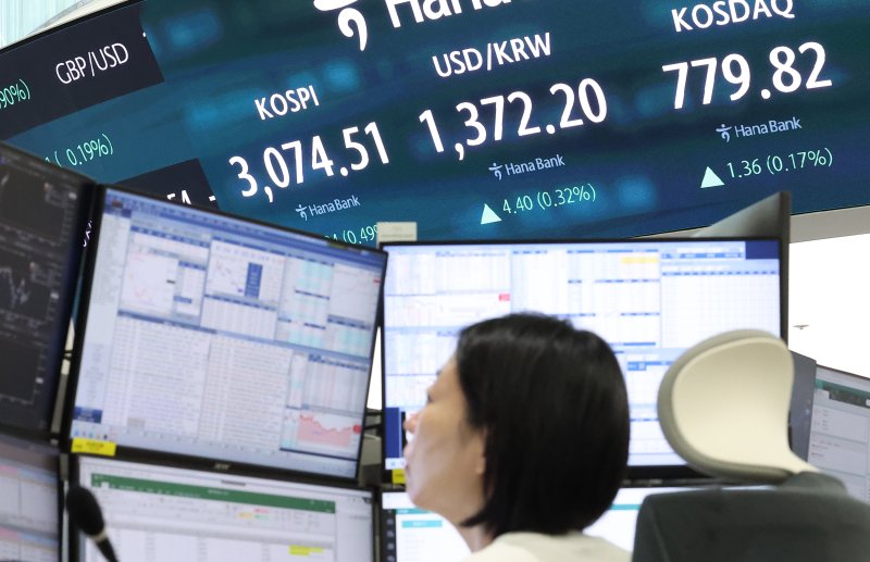 도널드 트럼프 미국 대통령이 오는 8월 1일부터 모든 한국산 제품에 25%의 상호관세를 부과하겠다고 통보한 8일 오전 서울 중구 하나은행 딜링룸 전광판에 개장 시황이 나오고 있다. 2025.7.8/뉴스1 ⓒ News1 김성진 기자