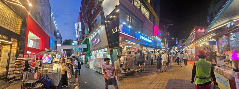 지난 5일 서울 중구 명동(왼쪽)과 마포구 홍대입구역 일대의 가게들이 문을 열어 두고 에어컨을 켜둔 채 영업하고 있다. /사진=서지윤 기자