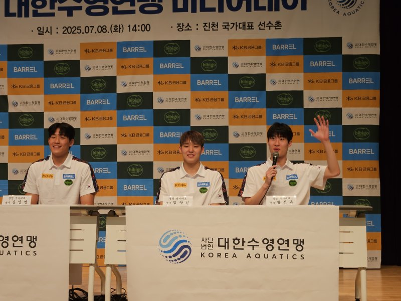 수영미디어데이에 참석한 김영범(왼쪽부터), 김우민, 황선우ⓒ News1 안영준 기자