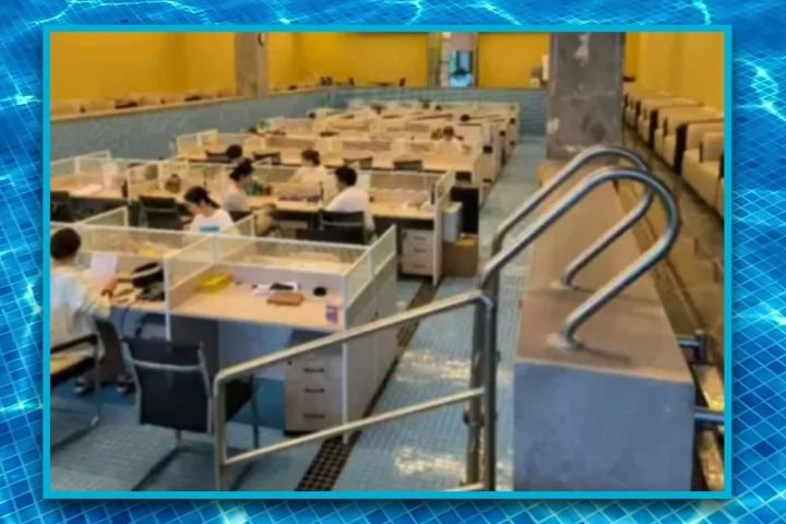 "여긴 수심 1.55m"…물 뺀 수영장을 사무실로 개조