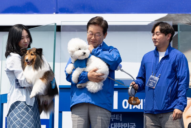[춘천=뉴시스] 조성우 기자 = 이재명 대통령이 지난 5월 강원 춘천시에서 열린 집중유세에서 반려견 뭉치를 안고 있다. (사진=뉴시스DB) photo@newsis.com