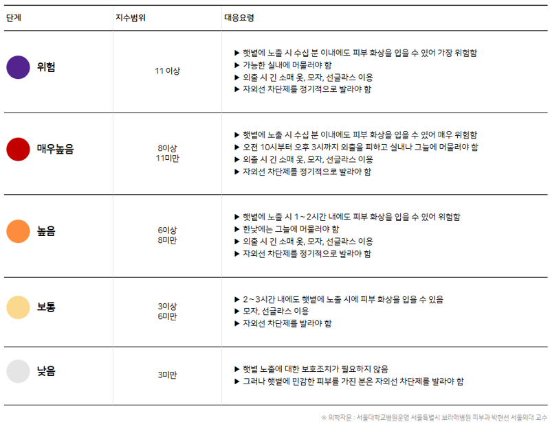 자외선지수는 5단계로 구분하며 3미만의 '낮음' 상태일 경우 보호 조치가 필요하지 않다. 그러나 3이상의 '보통' 수준일 경우 2~3시간 내에도 화상을 입을 수 있어 주의가 필요하다. 제공=기상청 홈페이지