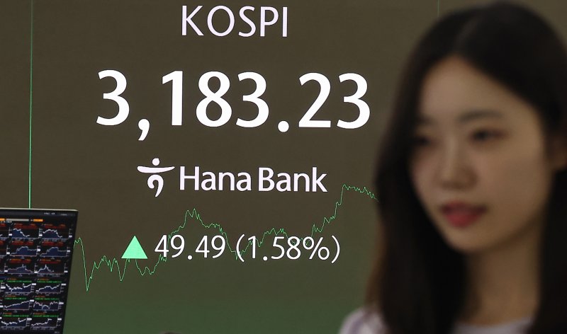 10일 오후 서울 중구 하나은행 본점 딜링룸 전광판에 증시가 표시되고 있다. 2025.7.10/뉴스1 ⓒ News1 김도우 기자