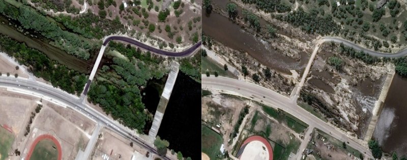 [서울=뉴시스]2022년(왼쪽)과 지난 8일(오른쪽) 텍사스 잉그램 댐의 모습을 비교한 사진 (사진=맥사 테크놀로지 갈무리) 2025.07.11 *재판매 및 DB 금지