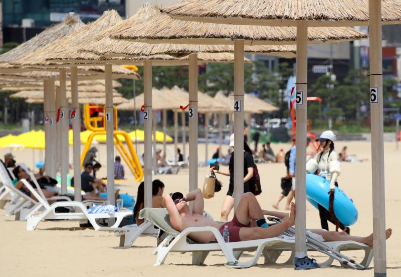 지난 1일 개장한 부산 수영구 광안리해수욕장을 찾은 관광객들이 파라솔 아래에서 휴식을 취하고 있다. 2025.07.01. ⓒ News1 윤일지 기자