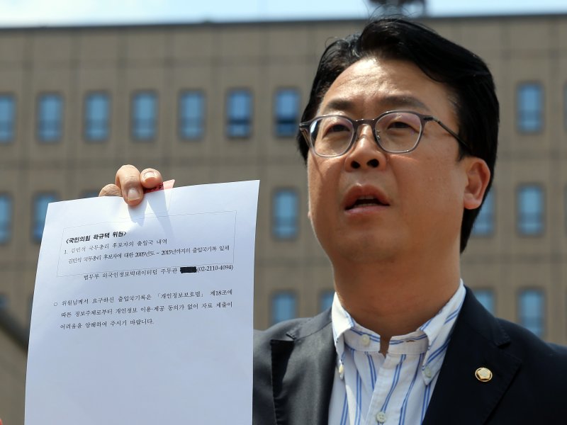 곽규택 의원이 19일 김민석 당시 국무총리 후보자 출입국 자료제출 거부 사유 확인 및 제출 촉구를 위해 법무부 출입국외국인정책본부 방문에 앞서 법무부의 자료 제출 어려움에 대한 답변서를 들어 보이고 있다. 2025.6.19/바카라 카지노1 ⓒ News1 박정호 기자