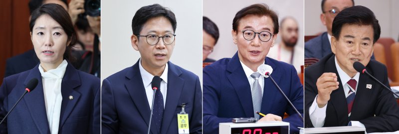 강선우 여성가족부 장관 후보자(왼쪽부터), 배경훈 과학기술정보통신부 장관 후보자, 전재수 해양수산부 장관 후보자, 정동영 통일부 장관 후보자가 14일 서울 여의도 국회에서 열린 인사청문회에 출석해 발언하고 있다. 이재명 정부 초대 장관 후보자들에 대한 인사청문회가 이날부터 오는 18일까지 진행된다. 2025.7.14/뉴스1 ⓒ News1 김민지 기자,이광호 기자,유승관 기자,안은나 기자