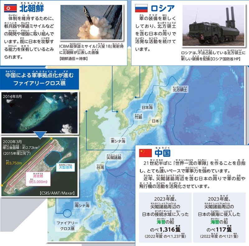 일본 정부가 "독도는 일본 고유의 영토"라는 주장을 펴온 방위백서의 어린이판을 초등학교에 배포한 것으로 15일 드러났다. 방위성 홈페이지에 게시된 '한눈에 알기! 일본의 방위-처음 보는 방위백서 2024' 제하의 어린이용 방위백서를 보면, 제2장 지도에 독도가 일본이 주장하는 명칭인 '다케시마(竹島)'로 표시돼 있으며, 일본 영토로 그려져 있다. 동해는 '일본해(日本海)'로 표기됐다. 일본 방위성 홈페이지 갈무리