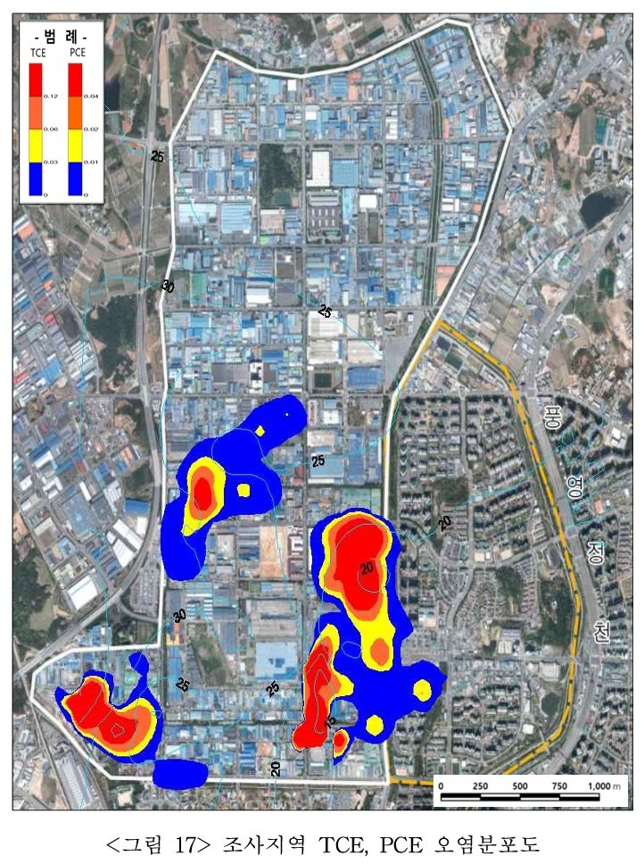 [광주=뉴시스] 하남산단 지하수·토양오염조사 용역 결과 보고서 중 조사지역 TCE, PCE 오염 분포도. (용역 보고서 내용 갈무리) 2025.07.15. photo@newsis.com *재판매 및 DB 금지