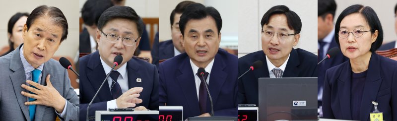 권오을 국가보훈부(왼쪽부터), 김성환 환경부, 안규백 국방부, 임광현 국세청장, 한성숙 중소벤처기업부 장관 후보자가 15일 서울 여의도 국회에서 열린 인사청문회에서 의원 질의에 답하고 있다. 2025.7.15/뉴스1 ⓒ News1 이광호 기자,유승관 기자,안은나 기자,김민지 기자