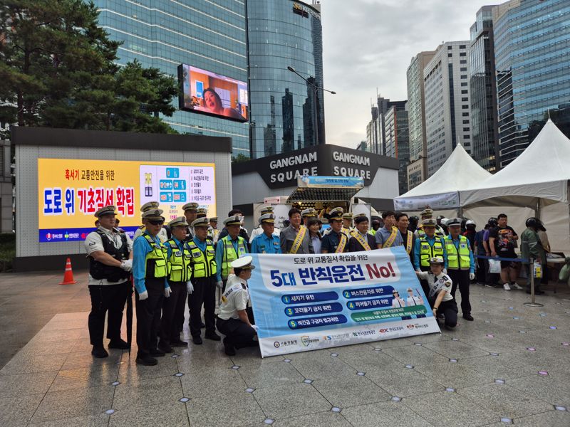 백현석 강남경찰서장을 포함한 유관기관 인사들이 캠페인 기념촬영을 하는 모습. 사진=김예지 기자