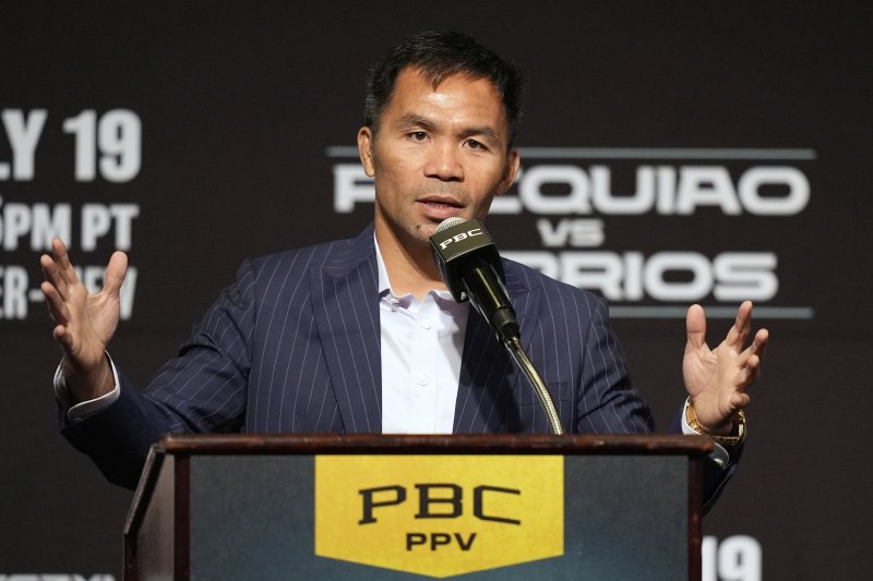 [라스베이거스=AP/뉴시스] 필리핀 복싱 영웅 매니 파퀴아오(46)가 16일(현지 시간) 미 네바다주 라스베이거스에서 마리오 바리오스(30, 미국)와 타이틀전 기자회견을 하고 있다. 파퀴아오는 19일 라스베이거스에서 세계복싱평의회(WBC) 웰터급 챔피언인 마리오 바리오스(30, 미국)를 상대로 복귀전을 치른다. 2025.07.16.