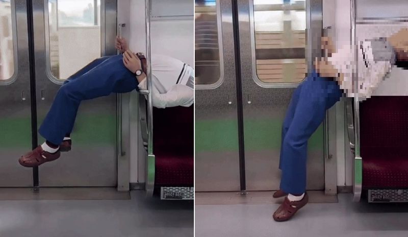 할아버지의 지하철 2호선 '공중부양' 스트레칭 화제