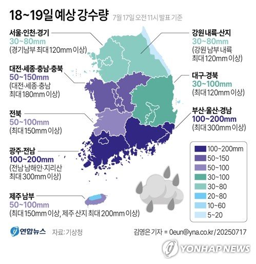 '물 폭탄' 맞은 충청에 밤에 또 호우…오늘만 50∼100㎜ 더 온다 (출처=연합뉴스)