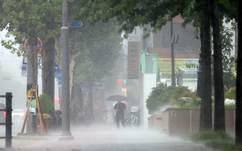 대구 지역 호우경보가 발효된 17일 대구 남구청네거리 인근에서 우산을 쓴 한 시민이 이동하고 있다. 뉴시스