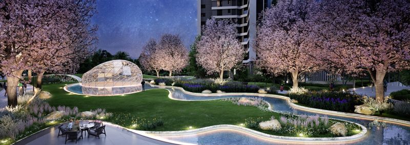 래미안 루미원의 아트리움을 감싸는 120m 물길 '스타라이트 웨이브'. 삼성물산 건설부문 제공