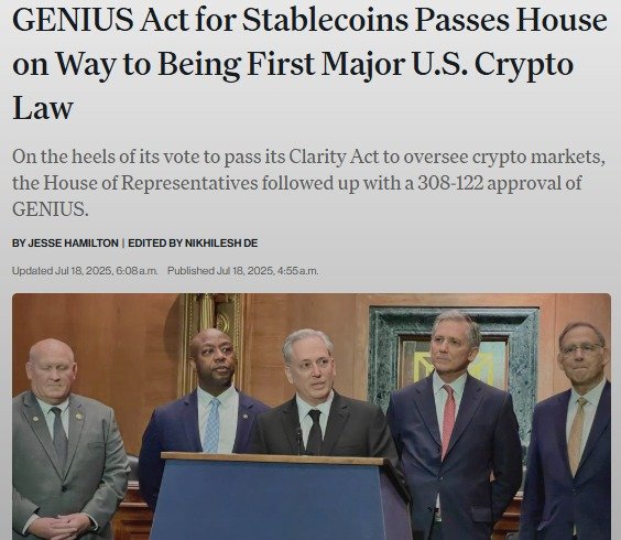 지니어스 법안 통과 소식 - 코인데스크 갈무리