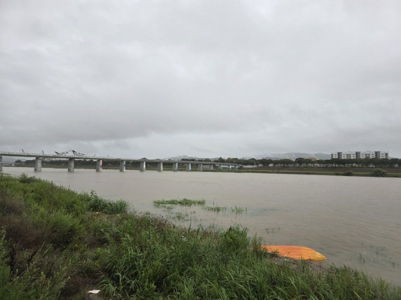 [포항=뉴시스] 송종욱 기자 = 경북 경주에 19일 새벽 시간당 30㎜의 비가 내리며 호우경보가 발효됐다. 사진은 강물이 불어난 경주 서천 모습. (사진=독자 제공) 2025.07.19. photo@newsis.com