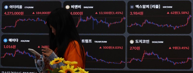 [서울=뉴시스] 최진석 기자 = 16일 서울 강남구 빗썸라운지에 전광판에 가상화폐 시세가 나오고 있다. 미국 6월 소비자물가지수(CPI)가 전월 대비 상승 폭이 확대되면서 비트바카라사이트 쇼미더벳이 1억6000만원대에서 등락을 보이고 있다. 반면에 알트바카라사이트 쇼미더벳 대장주 이더리움은 상승세를 이어가고 있다.2025.07.16. myjs@newsis.com