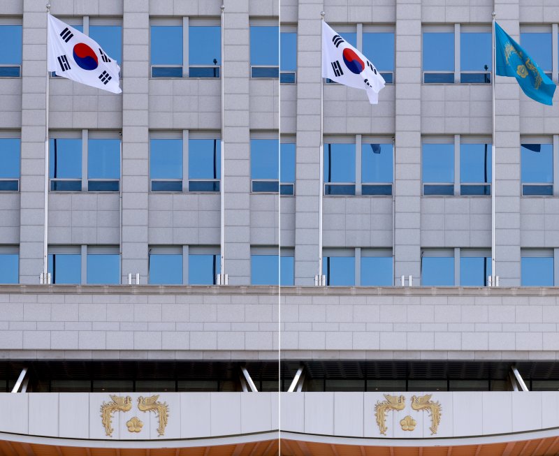 [서울=뉴시스] 최진석 기자 = 제21대 이재명 대통령 임기가 시작된 4일 서울 용산 대통령실 청사에 봉황기가 게양돼 있다. 왼쪽은 이날 봉황기 게양 전의 모습. (대통령실통신사진기자단) 2025.06.04. myjs@newsis.com /사진=뉴시스