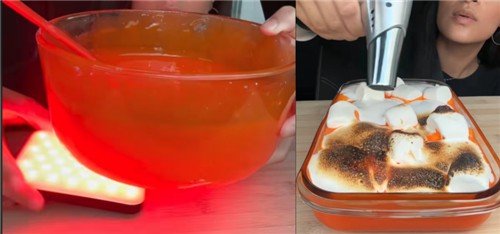 물엿에 빨간색 식용 색소를 넣고, 마시멜로 겉을 태워 '용암'을 만드는 모습 (출처=연합뉴스)