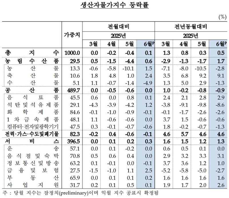 6월 생산자물가지수 0.1% 상승..."배추 31%·돼지고기 9.5% 올라"