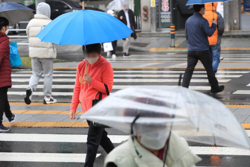 [제주=뉴시스] 제주시청 앞 횡단보도에 우산을 쓴 시민들이 지나가고 있다. (사진=뉴시스 DB). photo@newsis.com