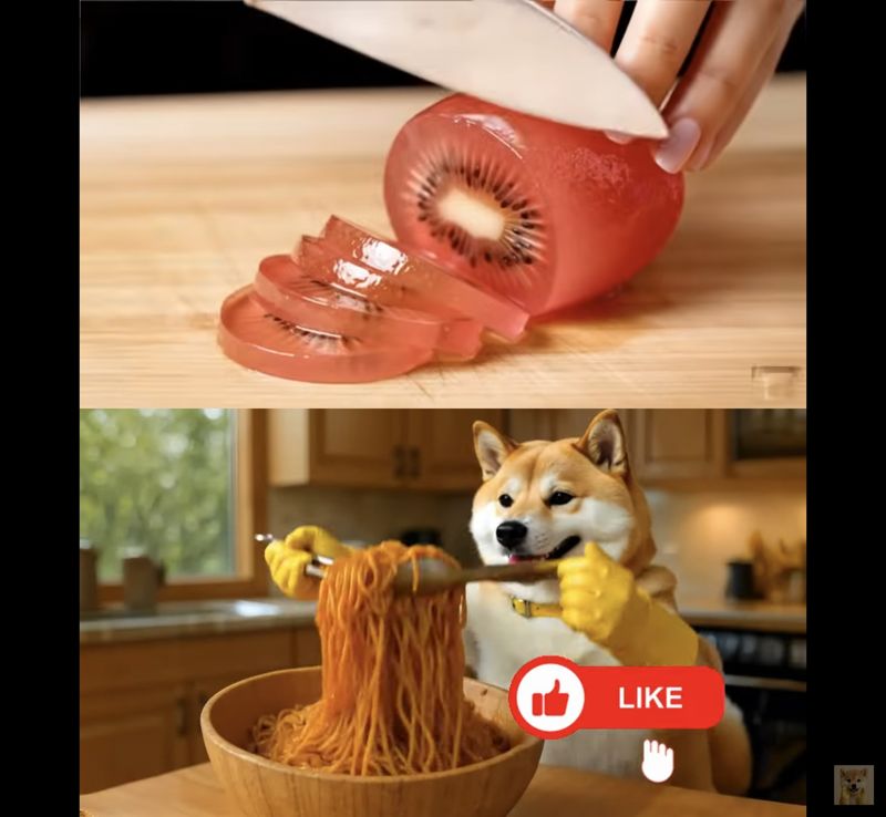 '유리과일', 'AI 동물 먹방'도 힐링 콘텐츠로 부상하고 있다. (위쪽부터) 유리로 만들어진 키위를 자르는 모습, 시바견이 불닭볶음면을 만들어 먹는 모습을 AI로 구현한 영상 이미지. 사진=유튜브 채널 'YUKINEKO', '시바세끼' 영상 캡쳐