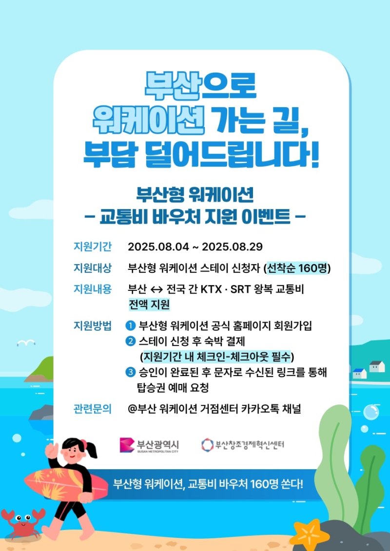 [부산=뉴시스] '부산 워케이션 KTX·SRT 왕복 교통비 전액 지원 이벤트' 홍보물. (사진=부산창조경제혁신센터 제공) 2025.07.22. photo@newsis.com *재판매 및 DB 금지
