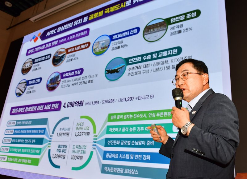 주낙영 경북 경주시장이 9일 오전 시청 알천홀에서 열린 민선 8기 3주년 기자회견에서 3개월 앞으로 다가온 'APEC 2025 정상회의' 준비 상황 등에 대한 설명을 하고 있다. 2025.7.9/뉴스1 ⓒ News1 최창호 기자