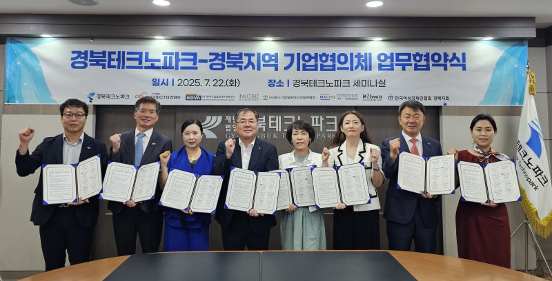 [경산=뉴시스] 경북테크노파크(경북TP)는 경북도내 기업의 글로벌 진출과 해외 인재 유치를 위해 경북 7개 중소기업단체와 업무협약을 체결했다고 23일 밝혔다. (사진=경북TP 제공) 2025.07.23. photo@newsis.com *재판매 및 DB 금지